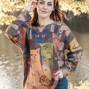 Yesno Cozy Cat Print Sweater